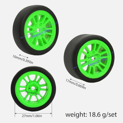 4PCS Finished Flat Running Drift Tires and Wheels 7MM Hexagon for 1/24 Losi Micro B Upgrades and 1/28 Losi Micro T Upgrades (b Green) - color: B Green