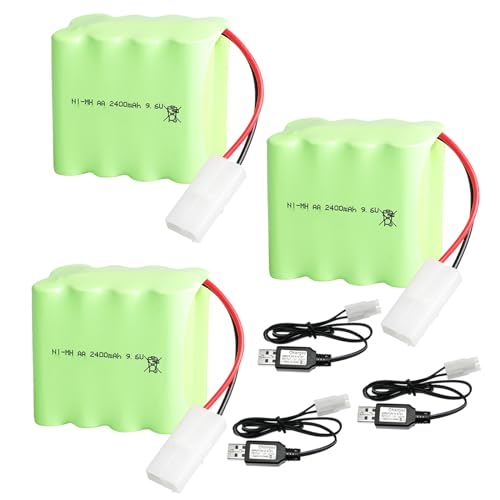 3Pcs 9.6V 2400mAh NI-MH Battery Pack RC Replacement Rechargeable AA Battery Pack with KET-2P USB Charger Cable for Toys,Drone,Remote Control Car Accessory
