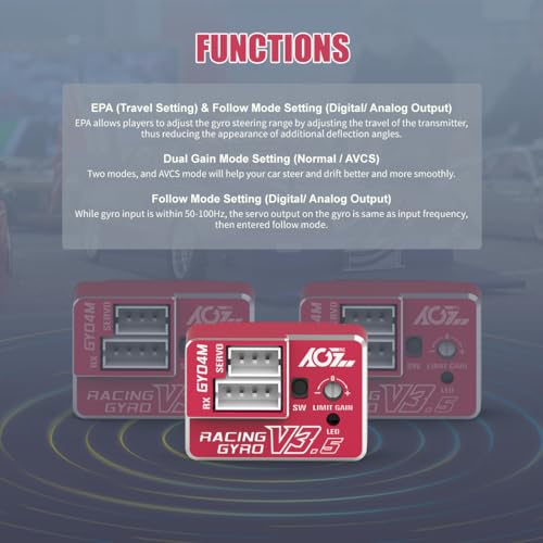 AGFRC 4g AVCS Gyro for RC Mini-Z Drift Car (GY04M V3.5 Red) | 3.7-8.4V, 20mA, AVCS & Normal Dual Modes, 32-bit PID Control, for Mini-Z 1/27-1/28, 21×15×8.8mm - color: Red