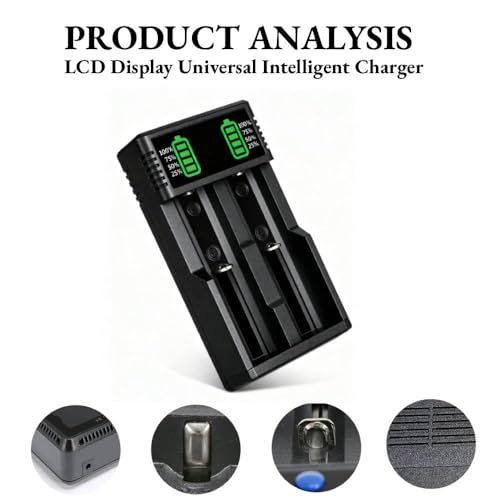 3.7 USB Battery Charger with 2 Pack 3,7 2200mAh Flat Top Battery Ni-MH, 2 Bay LCD Display Smart Universal USB Battery Chargers for Flashlights, Headlamps,Doorbells,RC Cars,Outdoor Garden Lights,etc