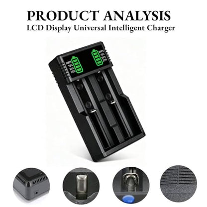 3.7 USB Battery Charger with 2 Pack 3,7 2200mAh Flat Top Battery Ni-MH, 2 Bay LCD Display Smart Universal USB Battery Chargers for Flashlights, Headlamps,Doorbells,RC Cars,Outdoor Garden Lights,etc