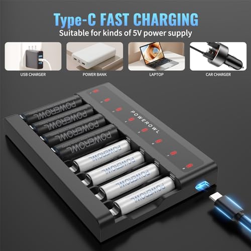 POWEROWL AA AAA Battery Charger 8 Bay, Independent Slot, USB Fast Charging for Ni-MH Ni-CD Rechargeable Batteries (Pack of 2) - size: Ultra-thin (Pack of 2)