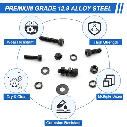 280Pcs UIETUIL M5 Hex Socket Head Cap Screws Kit, M5x8-35mm, 12.9 | M5x8/10/12/16/20/25/30/35mm Hex Socket Head Cap Bolts with Nuts & Washers, 12.9 Grade Alloy Steel, Anti-Rust for 3D Printer, - size: M5 Cap 12.9 - 280PCS