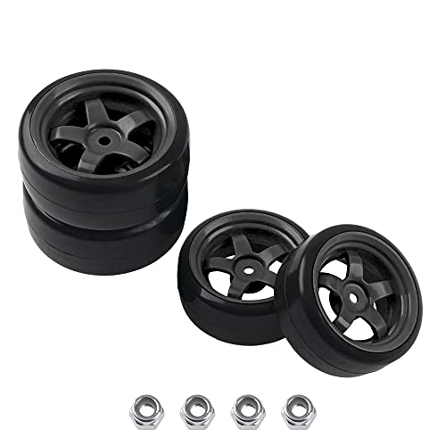 5-Spoke RC 12mm Hex Hub Wheel Rims & Rubber Tires Compatible with HSP Tamiya HPI Kyosho 1/10 On-Road Touring Car,WLtoys 1/14 144001 Traxxas 1/16 Slash RC 1/18 A959B Buggy (Black)