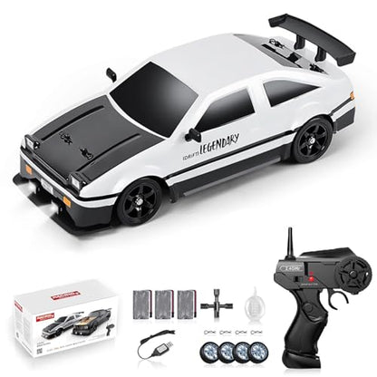 RC Drift Car, 1:16 Scale AE86 Model RC Drift Car, 4WD 18KM/h High Speed Remote Control Cars with LED Lights, Spray, Drifting Tires, Sport Racing On-Road Vehicle for Teens Adults
