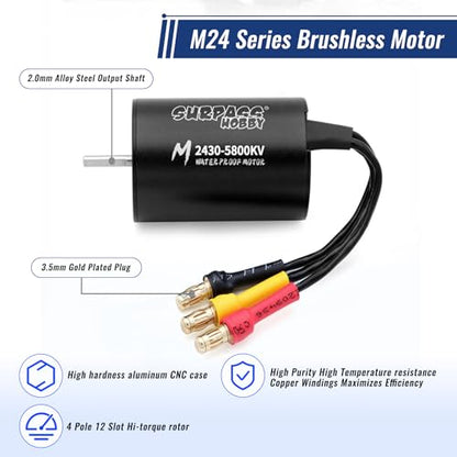Surpass Hobby M2430 5800KV Motor & 35A ESC for 1/14-1/18 RC Trucks | CNC aluminum Brushless motor with waterproof ESC, multi safety protection - size: 5800KV