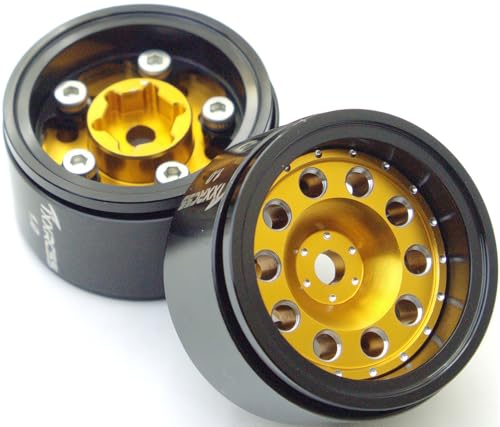 RC 1.0 Beadlock Wheels Offsets -2 Aluminum Rims for AX24 1/18 TRX4M All 1/24 Scale SCX24 Deadbolt RC Crawler Car Wheels Upgrades 4Pc (Golden & Black) - color: Golden & Black