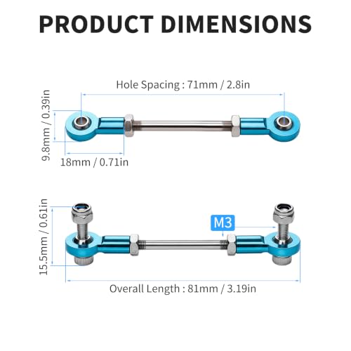 2 Pcs RC Toy Push Rod, M3x55mm Tie Rods Blue Ball Head Joint | 81mm Length, 304 Servo Linkage Link Rods, Double Aluminum Alloy Ball Head, for RC Cars, Planes, Helicopters, DIY Models - color: M3×55mm Rod