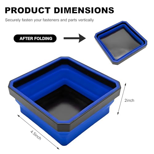 Collapsible Magnetic Parts Tray, 4.5" Square Metal Parts Organizer with Dual-Sided Magnetic Base, Foldable Tools Tray Silicone Storage Bowl for Screws Bolts Nuts Washers Pins (Blue) - color: Blue