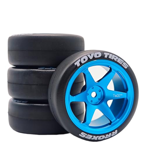 1/10 RC Drift Aluminum Wheels and Tires OD 65mm 1/12 Hard Drift Racing Tyres 12mm Hex for 1:10 Rally Street On Road Touring Car Tamiya TT01 TT02 XV01 TA06 A959 PTG2 KYOSHO 4PCS (Blue) - color: Blue
