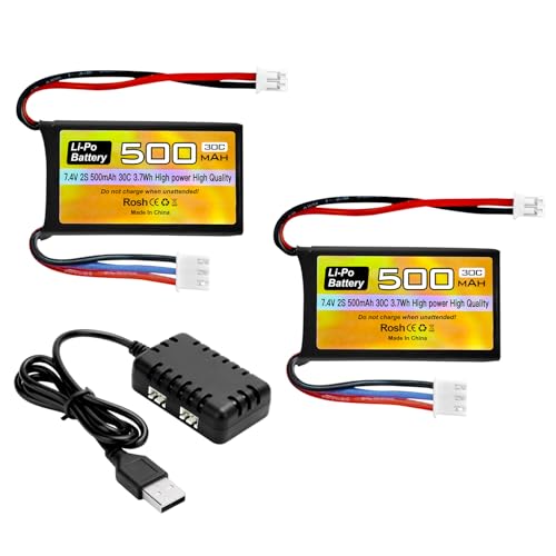 2PCS 7.4V 500mAh 30C Lipo Battery RC Car Drone Battery with PH2.0 Plug with 2-in-1 Charger for AX24 SCX24 RC Car Model Batteries Compatible with Most 1/10, 1/16, 1/18, 1/24 Scale RC Cars Trucks