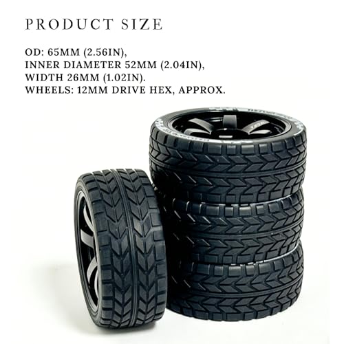 1/10 RC On-Road Tires 68mm OD and Aluminum Street Wheels 4PCS, 12mm Hex Touring Tyres Compatible with Tamiya TT01 TT02 XV01 TA06, HPI, KYOSHO, HSP, Traxxas, PTG2, A959 Rally Drift Cars