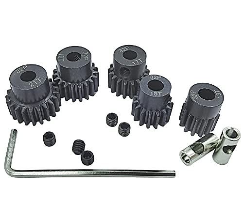 32P 5mm Pinion Gear Set 13T 15T 17T 19T 21T with Hex Key for 1/10 RC Car | 32P 5mm Hardened Metal Pinion Motor Gear Set 13T 15T 17T 19T 21T with 3.175mm Coupler for RC Buggy Car Monster Truck - color: 13t/15t/17t/19t/21t