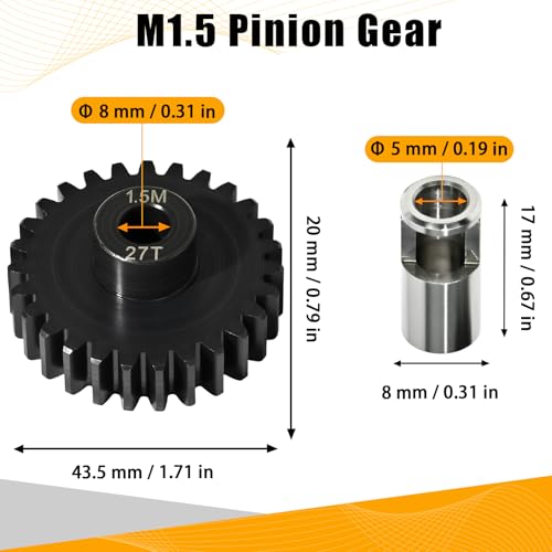 M1.5 27T Pinion Gear 8mm Bore with 8mm to 5mm Shaft Adapter Sleeve, Chromium Steel Motor Gear with Set Screw & Hex Key for Traxxas ARRMA Losi 1/5 1/8 RC Cars - size: 27T