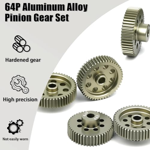 5Pcs 64P Aluminum Alloy Pinion Gear Set 3.175mm 46T 47T 48T 49T 50T Motor Pinion Gear W/ M4 Screw and Hex Key, Fit 3.175mm (1/8-Inch) Shaft, for Arrma HPI Kyosho Losi Axial Traxxas Tamiya 1/10 RC Car - size: 64P-3.175mm-46-50T