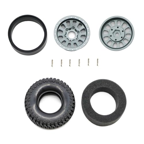 1.3” Brass Beadlock Wheels & All-Terrain Tires Set for 1/18 1/24 RC Crawler TRX4M, Axial SCX24 / AX24, Redcat Ascent-18, FMS FCX24, -5.40mm Offset, 7mm Hex, 4 pcs, Gunmetal Gray