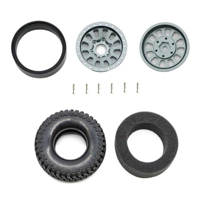 1.3” Brass Beadlock Wheels & All-Terrain Tires Set for 1/18 1/24 RC Crawler TRX4M, Axial SCX24 / AX24, Redcat Ascent-18, FMS FCX24, -5.40mm Offset, 7mm Hex, 4 pcs, Gunmetal Gray
