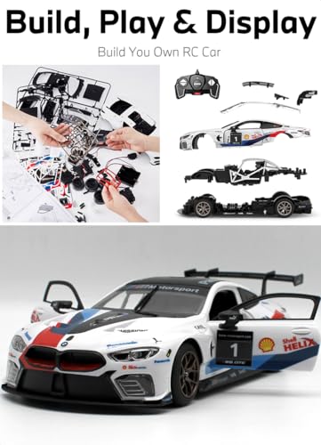 RASTAR Build Your Own RC Car BMW M8 GTE Kit with Remote, Motor & DIY Decals | Officially Licensed, Ideal Gift, 74PCs 1/18 Scale RC Model Car Building Kit with Openable Doors & Working Lights, 97200
