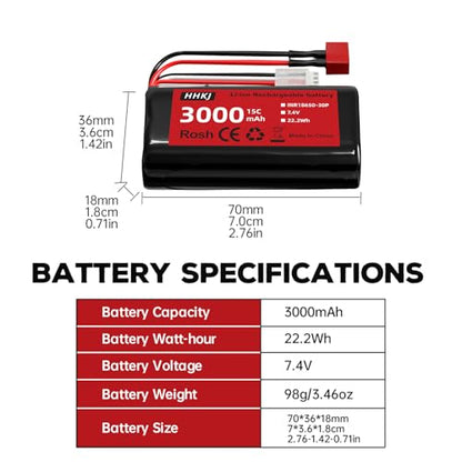 2PCS 7.4V 3000mAh 15C 2S T Plug Rechargeable Li-ion Battery with 1 to 2 Charger for 4WD High Speed RC Car and Most 1/12, 1/16, 1/18 Scale RC Car,Truck RC Ship Engineering Vehicle Backup Battery