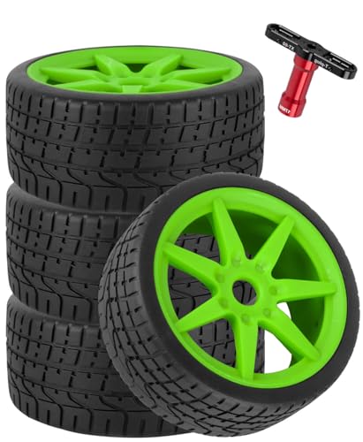 RC Highway Tires Wheel for 1/7 Infraction 6S BLX/Limitless,1/8 Typhon 6s BLX,7 Spokes Wheel Rim & Rubber Highway Tires RC Drift Tires,Green - color: Green - (4pcs Highway Tires)
