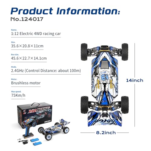 CKYSCHN WLtoys 124017(V2) Fast RC Car, 1/12 Brushless RC Cars, 75km/h 4x4 Hobby RC Buggy Cars with Independent ESC for Adults, Fast Remote Control Truck Car with 2 Battery