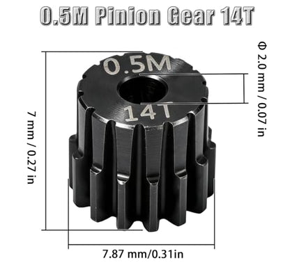 Hardened Steel 0.5M Pinion Gear 14T 2.0mm Shaft for RC Car/Helicopter Upgrade, Compatible with ARRMA 1/14 Typhoon 1/16 Mojave 1/18 Granite, Losi 1/12, 0.5Mod 13T-27T Gear for Brushed Brush-less Motors - size: 14T