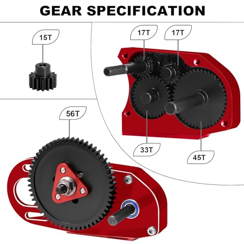 OGRC 2.Low Transmission 30% Overdrive Complete Gearbox for SCX10 Upgrades | Aluminum Housing, Steel Gear, with Skid Plate and 15T Pinion Gear, for Axial SCX10 RC Crawler Car, Red - color: Red