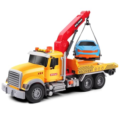 Dwi Dowellin Kids Toys for 3 4 5 6 7 Years Old Boys, 15" Large Tow Truck Toy,Friction Powered Transport Truck Crane Toy with Lights and Sounds,with Roadster,Toddlers Gifts - style: tow truck