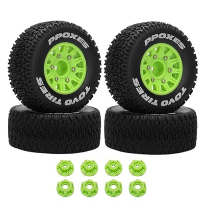 1/10 1/8 RC Short Course Truck Tires OD 112mm and Wheels 12mm 14mm 17mm Hex for 1:8 1:10 Scale Off Road Truck Car Traxxas Slash 2WD 4×4 Axial Losi Redcat Rc4wd Arrma Senton 4PCS (Green) - color: Green