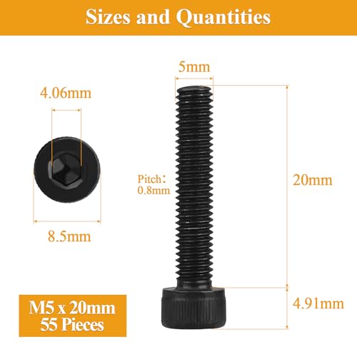 55 Pieces M5 x 20mm Socket Head Cap Screws, Thread Pitch 0.8mm, Sutemribor M5 Black Screws, 12.9 Grade Alloy Steel, Black Oxide Finish, Fully Threaded - size: M5 x 20mm, style: Socket Head