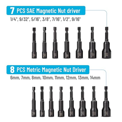 Bates- Magnetic Nut Driver Set for Impact Drill, 15 pcs, 1/4" Hex Shank, Metric and SAE Nut Driver, Impact Nut Driver Set, Metric Nut Driver Set Magnetic Bit Set, Nut Driver Bit Set, Nut Drivers Set