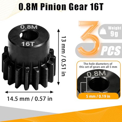 3-Pack Steel Metal 0.8M 5mm Pinion Motor Gear Sets 16T Compatible with HPI Kyosho Losi Axial Tamiya 1/8 1/10 RC Car Monster Truck Buggy, 0.8 Module Gear for Traxxsa Arrma - style: 3Pcs 16T
