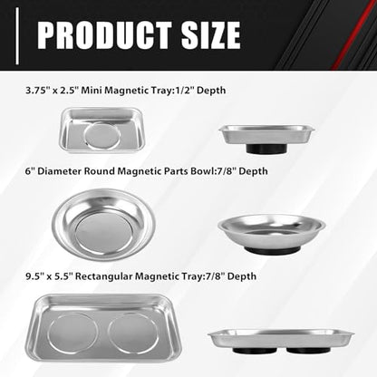 C&T 3-Piece Magnetic Tray Holder, Magnetic Parts Tray Set, Thickened Tray,Stainless Steel, Tool Trays for Screw, Bolts, Nuts, Washers, Pins and Other Small Metal Parts and Tools