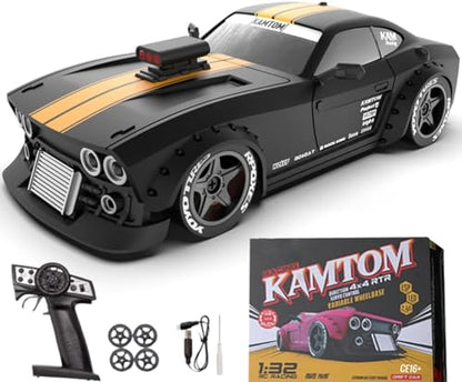 RC Drift Car 1/32 Scale High-Speed 4WD Mini Electric Remote Control Car, 30 km/h with Gyro Stabilization and LED Lights, Suitable for Adults (KM3299-Black) - color: Black