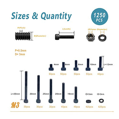 Kadrick 1250 Pcs M3 Screws and Nuts Assortment M3x4MM-35MM, Hex Socket Head Cap Metric M3 Machine Bolts Kit, 12.9 Grade Alloy Steel,Anti-Rust Up Graded,Black Zinc Plated,Free Allen Head Wrench - size: M3 1250Pcs