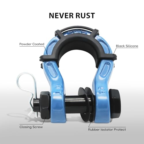 2 Pack D Ring Shackles 3/4" Mega Shackle 68,000Ibs Break Strength - Heavy Duty Clevis Shackles with 7/8" Screw Pin and Isolator Washer Kit for Tow Strap Winch Off Road Vehicle Recovery, Blue - color: BLUE