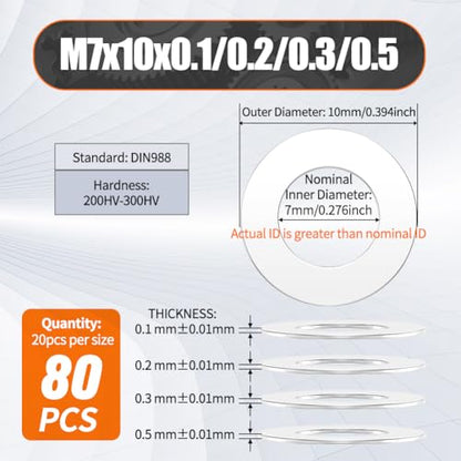 Shim Washer 7 x 10 Precision Spacers Kit 20 Units x0.1/0.2/0.3/0.5mm 304 SS | 80 Pcs 0.1-0.5mm Thick 304 Stainless Steel Flat Shim for Bearings Gearboxes CNC & RC Tuning, DIN 988 - size: 7x10 x 0.1/0.2/0.3/0.5mm