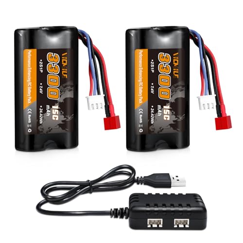 7.4V Li-ion Battery 3300mAh High Capacity RC Battery with Dean-Style T Plug 2S Rechargeable with 1 to 2 USB Charger Fit for WLtoys 4WD High Speed RC Cars Most 1/10, 1/12, 1/16 Truck