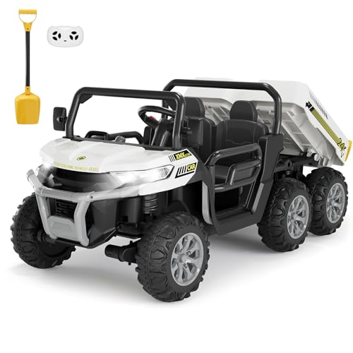 Hetoy 24V 2-Seater Ride On Dump Truck with Parent Remote Control, 4WD 6-Wheel Electric Car for Big Kids, UTV Style Dump Bed & Music Horn, ASTM/CPSIA Certified (Ages 3+) - color: White