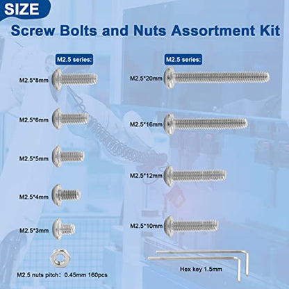 NINDEJIN 322 Pcs M2.5 Small Metric Screw Bolts Assortment, Button Head Socket Cap Screw Bolts and Nuts with Allen Key, M2.5 x 3/4/5/6/8/10/12/16/20 mm Screw Bolt, 304 Stainless Steel Screws and Nuts - size: 322Pcs M2.5 3mm-20mm