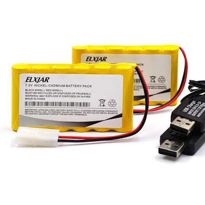 (2-Pack) 7.2V 800mAh Ni-Cd Battery with Tamiya Plug for RC Vehicles | Includes 2 USB charging cables; 6-cell AA pack with 4-inch wire for compatible RC cars, trucks, boats and toys.