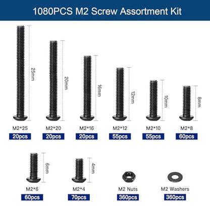 1080PCS M2 Screw Assortment Kit, M2x4/6/8/10/12/16/20/25mm M2 Screw Kits | 10.9 Grade Alloy Steel Metric Hex Button Head Cap Screws, Nuts and Flat Washers for 3D Printing (1080PCS - M2) - size: M2