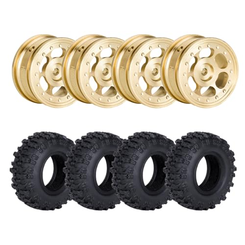 HobbyPark Brass Wheels and Tires for 1/30 Axial SCX30 Upgrades RC Crawler Parts 33x14mm 0.7" Tire with Foam Inserts, Set of 4 (Gold-6 Holes Rims) - color: Gold-6 Holes Rims