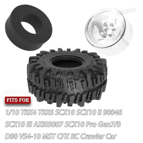 4PCS RC 1.9 Wheel Tires for 1/10 TRX4 TRX6 SCX10 SCX10 II 90046 SCX10 III AXI03007 SCX10 Pro Gen7/8 D90 VS4-10 MST CFX RC Crawler Car,Alloy 1.9 Beadlock Wheel Rubber Tires w/Sponge,Silver - color: Silver - (4pcs Tires)