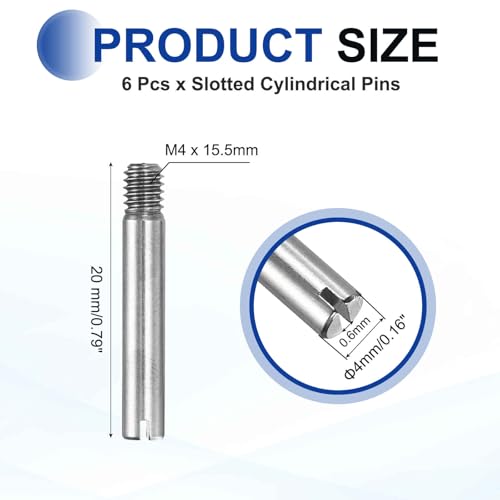 MECCANIXITY 6 Pcs M4 x 20mm Slotted Cylindrical Pins, 304 Stainless Steel Dowel External Thread Locating Parallel Pins Shelf Support Peg Pin for Furniture Installation, DIY Project - size: M4 x 20mm