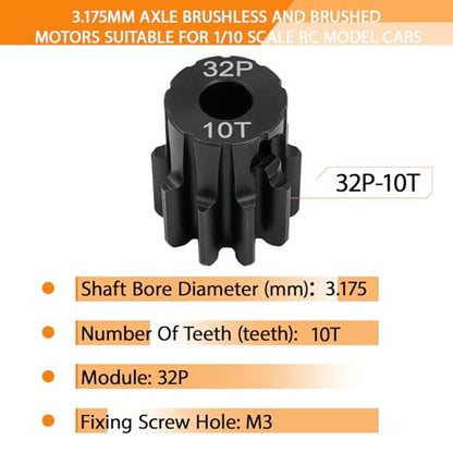 32P 10T Pinion Gear 3.175mm Shaft, Hardened Steel Motor Gear for 1/10 Scale RC Car Truck Crawler Monster Buggy, High Speed Durable 32 Pitch Gear Upgrade Parts 540 550 Brushed 3650 3660 Brushless - color: 10T
