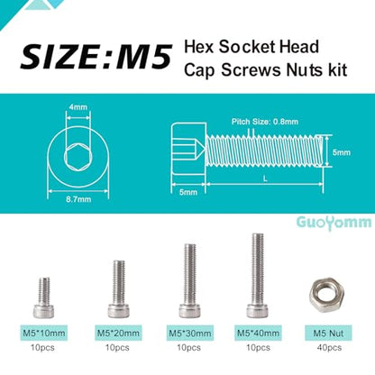 M5 x 10mm 20mm 30mm 40mm Hex Socket Head Cap Screws Bolts and Nuts, Stainless Steel 304, Bright Finish, Metric Allen Drive, Fully Thread, Assortment Kit 80PCS - size: Socket M5x10-40mm+Nuts