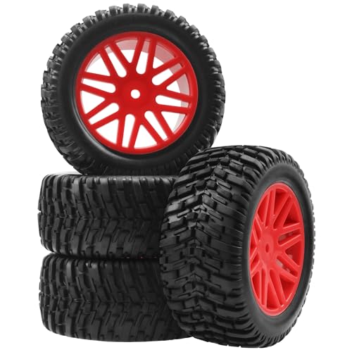 OD 96mm RC Off Road Short Course Truck Tire w/Plastic Rim 12mm Hex Compatible with 1/10 Scale Buggy Car HSP 94170 94155 Wltoys 1/14 144001 124019 RC Car (Red) - color: Red