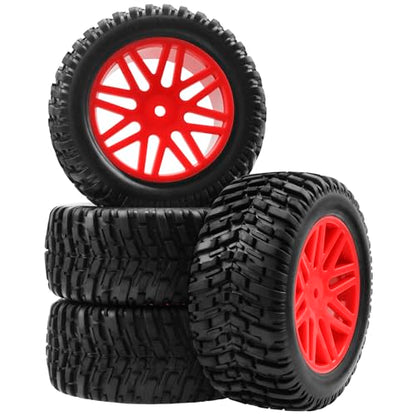 OD 96mm RC Off Road Short Course Truck Tire w/Plastic Rim 12mm Hex Compatible with 1/10 Scale Buggy Car HSP 94170 94155 Wltoys 1/14 144001 124019 RC Car (Red) - color: Red