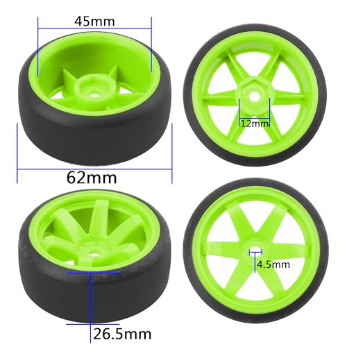 ShareGoo 4PCS/Set 1/10 Drift Car Tires,62mm Hard Plastic Tires & Wheel Rims 12mm Hex Compatible with Traxxas HSP Tamiya HPI Kyosho Wltoys RC 1/10 On Road Drift Drifting Car (Green) - color: Green